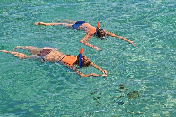 δύο κορίτσια και τα ψάρια κολυμπούν με μάσκες από την Ερυθρά θάλασσα, Αίγυπτος - Φωτογραφία, εικόνα