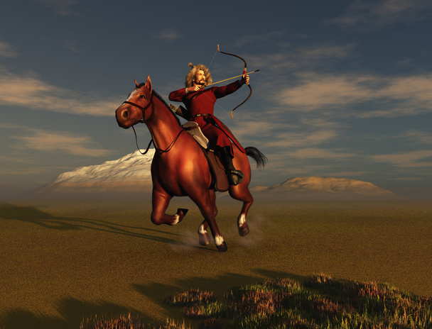 彼の馬にモンゴルの戦士 - 写真・画像
