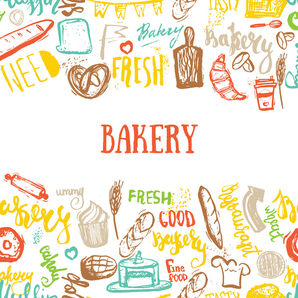 Bakery banner on pattern with lettering on wooden background. Hand drawn vector illustration for menus, banners, recipes and packages. - ベクター画像
