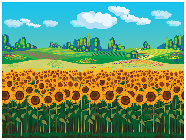 Scenic landscape with sunflowers - Vector, Image