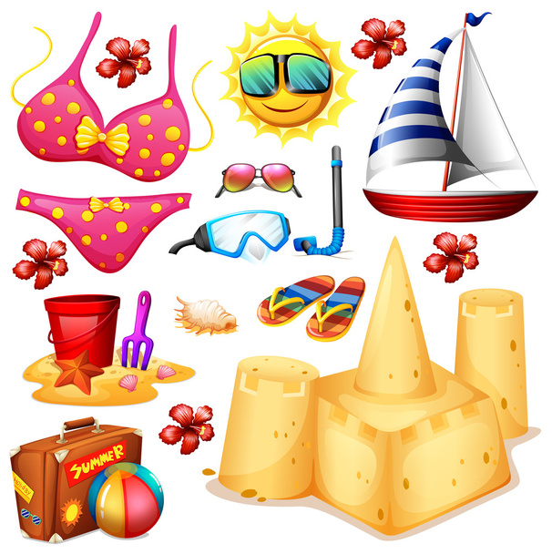 Summer set with bikini and sandcastle - Vector, Image