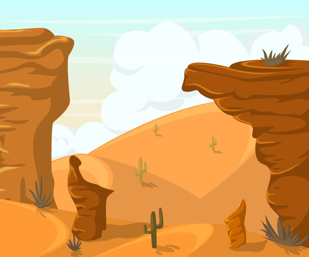 Пустынный пейзаж с кактусами и горами. Векторная иллюстрация в стиле мультфильма
 - Вектор,изображение