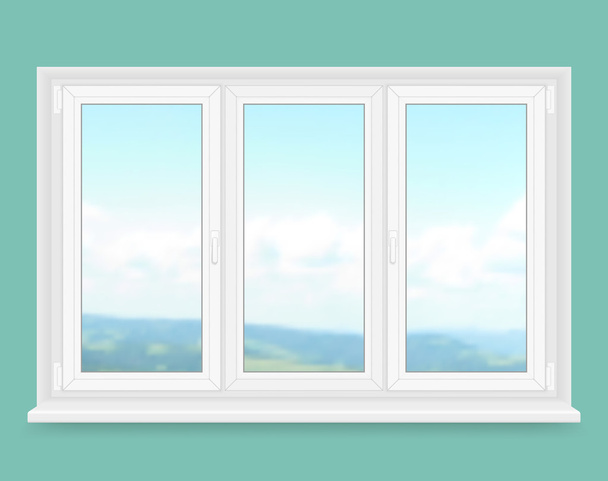 realistisches weißes Kunststofffenster mit Blick auf die Landschaft. Vektorillustration. - Vektor, Bild