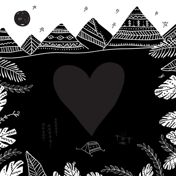 Acampar e cartão de montanhas com moldura de coração na pocilga ornamentada étnica
 - Vetor, Imagem
