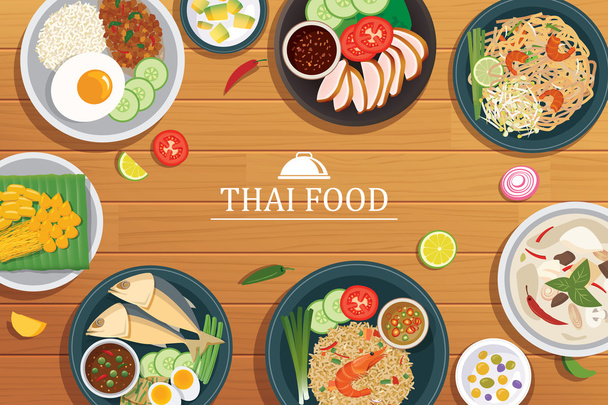 thai food on a wooden background.Vector thai food top view - Vector, Image