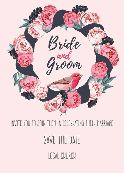 Bruiloft uitnodiging met pioenrozen - Vector, afbeelding