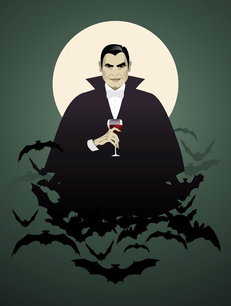 Elegante vampier op een wolk van vleermuizen houden een wijnglas - Vector, afbeelding