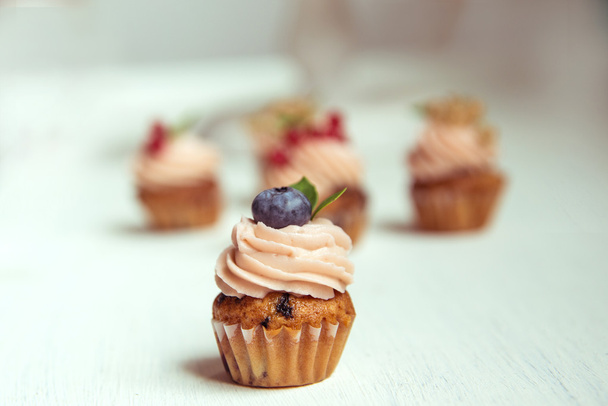 Cupcakes mit Johannisbeeren, Preiselbeeren und Blaubeeren Muffins mit Witz - Foto, Bild