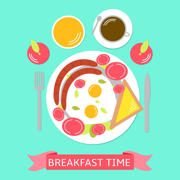 Ilustración de alimentos con huevos, partes de tomate, tostadas con queso
,  - Vector, imagen
