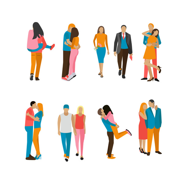 Vector set of couples in love. People characters different situations, poses. Lovers kiss and hug each other. - Vector, imagen
