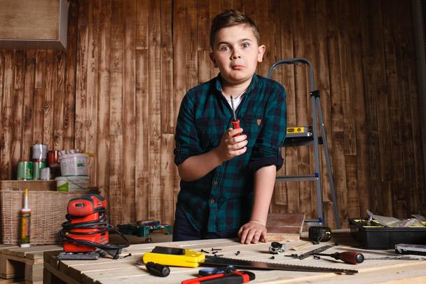 child builder for construction work concept, funny boy , - Φωτογραφία, εικόνα