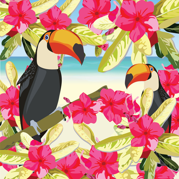 Carta tropicale esotica con uccelli pappagallo tucano
 - Vettoriali, immagini