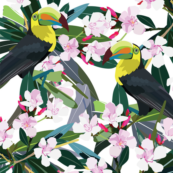 Toucan parrot and Pink flowers branch - Vector, imagen