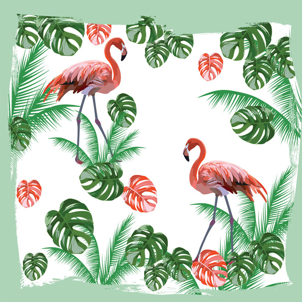 Flamingo birds and palm leaves - ベクター画像