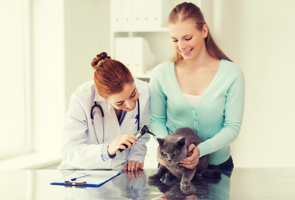 happy woman with cat and doctor at vet clinic - Valokuva, kuva