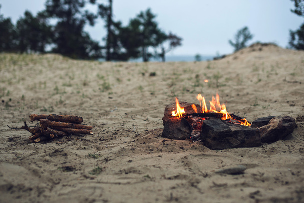 Beach campfire on lake with sand shore. - Zdjęcie, obraz