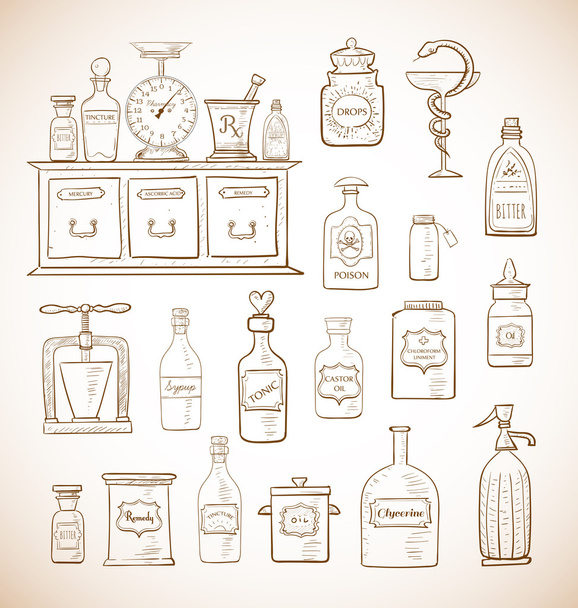 Sketches of pharmacy object - Vector, Image