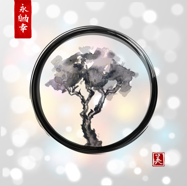Tree in black enso zen circle - Vektor, kép