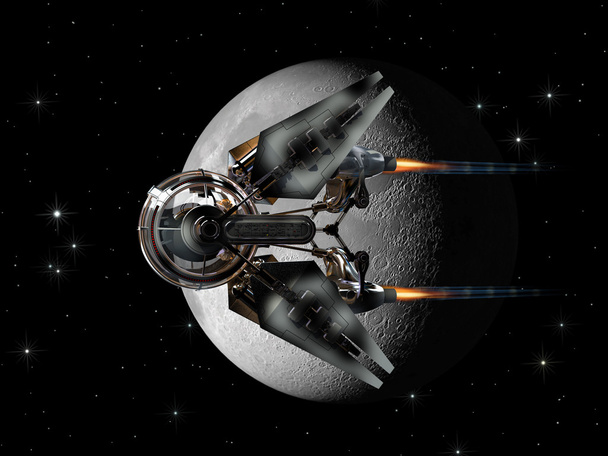 Nave espacial drone pasando una luna
 - Foto, Imagen