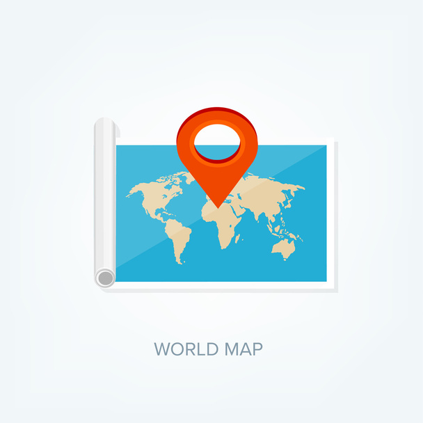 World map in a flat style. Earth, globe. Navigation. Route and destination. Icon. - Вектор,изображение