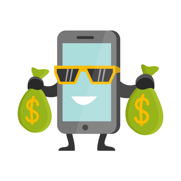 Flat Business Concept Cartoon Smartphone Character Earning Money - Vector, Image