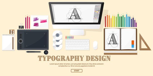Graphic web design. Drawing and painting. Development. Illustration, sketching, freelance. User interface. UI. Computer, laptop.Typewriting. - Vector, Image