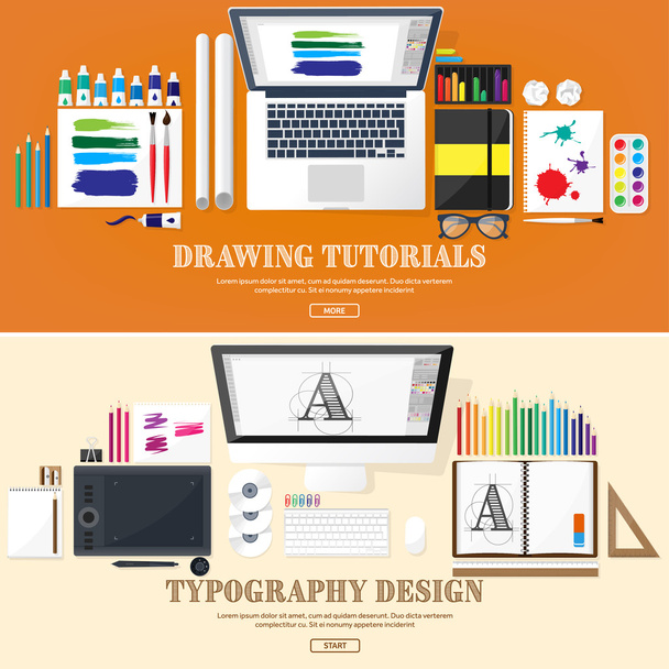 Graphic web design. Drawing and painting. Development. Illustration, sketching, freelance. User interface. UI. Computer, laptop.Typewriting. - Vector, Image