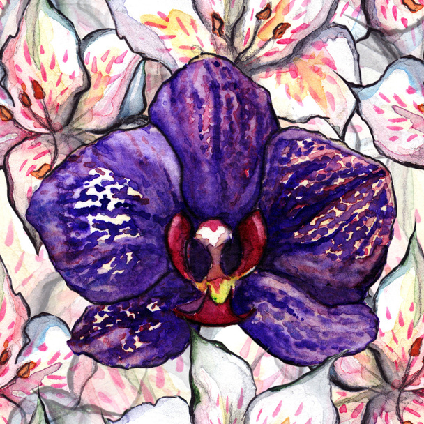 Akvarell virágos orchidea alstroemeria varrat nélküli mintát textúra háttér - Fotó, kép