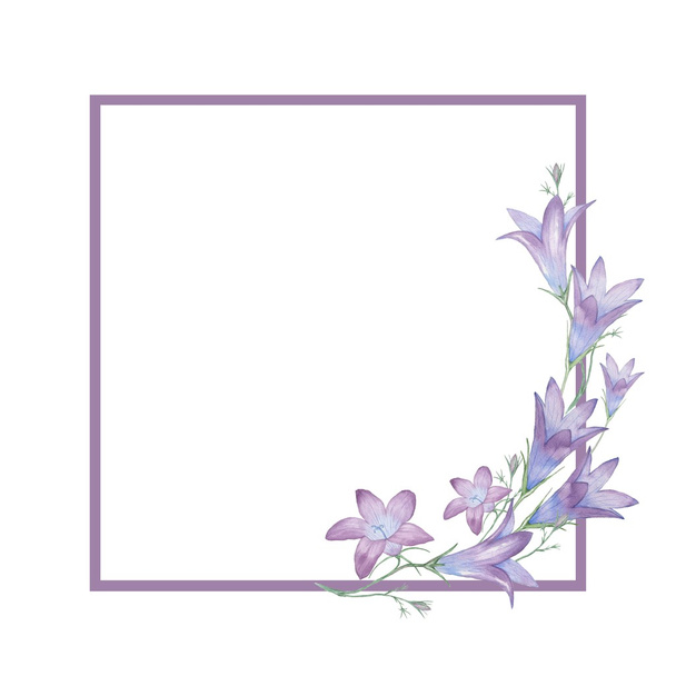 Square frame with flowers bells 2. Watercolor figure. - Photo, Image
