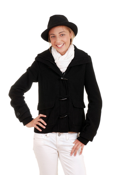 Teen girl with black winter coat and hat - Zdjęcie, obraz