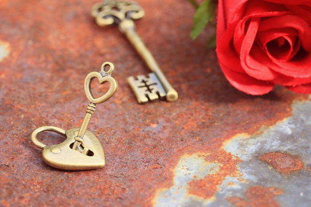 ancient old key and rose - Fotó, kép