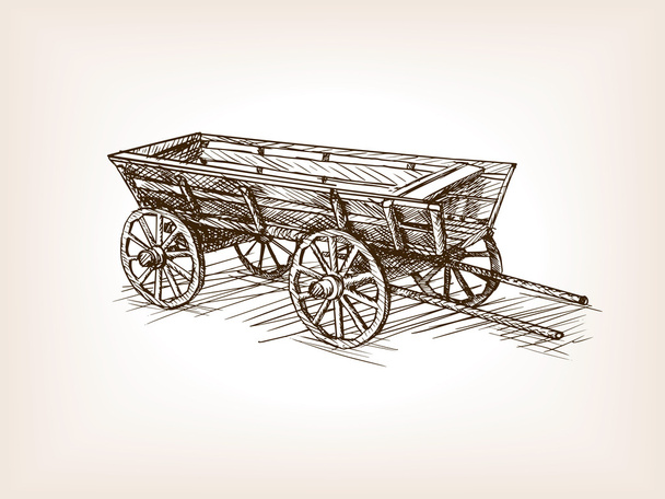 Vintage wooden cart hand drawn sketch vector - Вектор,изображение