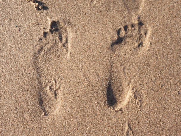 Mans és womans lábnyom a nedves tengerparti homokot - Fotó, kép