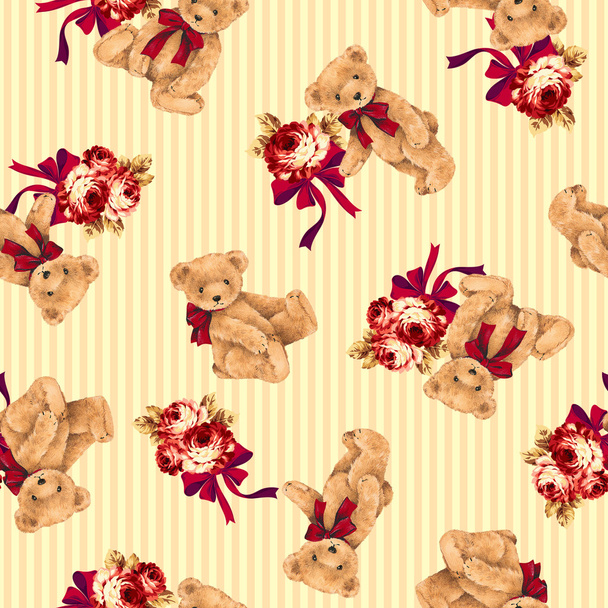 bear and rose illustration pattern - Фото, изображение