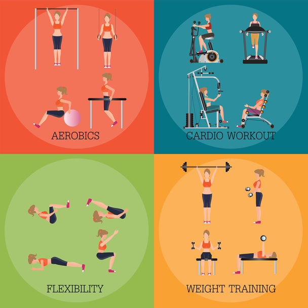 Set of fitness aerobic strength and body shaping exercises. - Vector, Image
