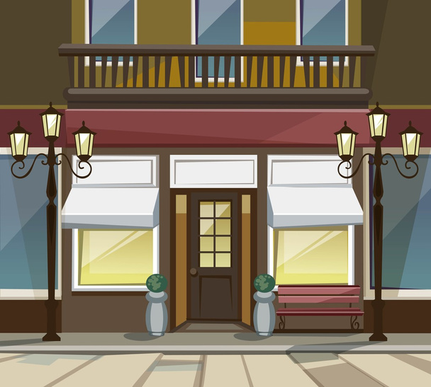 大きな窓、場所名、緑、通りの提灯と敷石のベクトル古いヨーロッパ ショップ ブティック博物館レストラン カフェ店フロント - ベクター画像