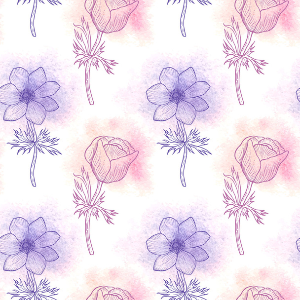 Floral seamless pattern of watercolor flower anemone - Wektor, obraz