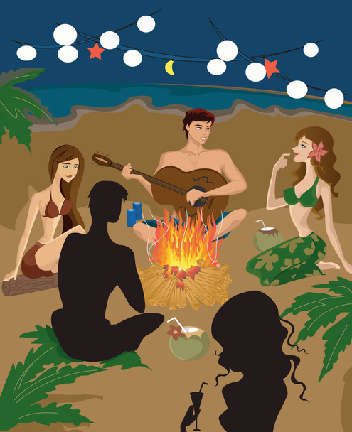 Um grupo de pessoas sentadas à volta de uma fogueira na praia
 - Foto, Imagem