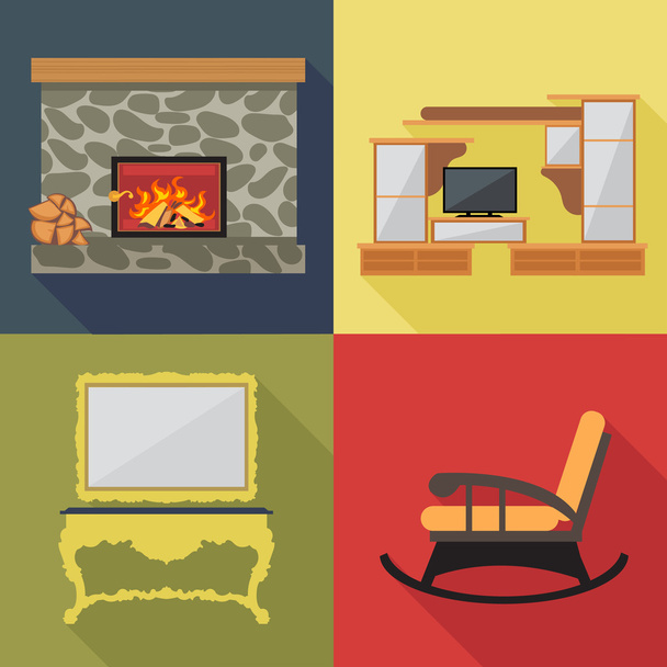 Fireplace home decoration icon set, flat style. Digital vector image - Vector, Image