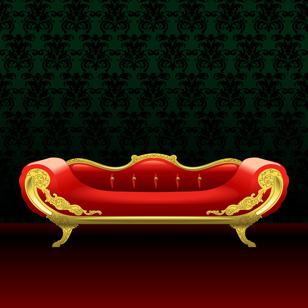 Royal piros ágy, lapos stílusú felső zöld háttér. Digitális vektor kép - Vektor, kép