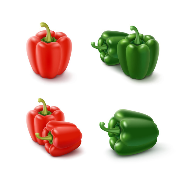 Vector Set of Colored Green and Red Sweet Bulgarian Bell Peppers, Paprika Isolated on White Background - Vector, Image