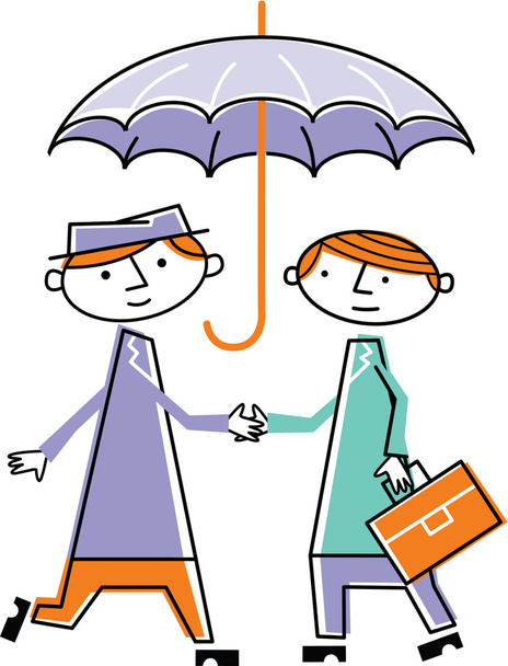 zwei Männer beim Händeschütteln unter Regenschirm - Foto, Bild