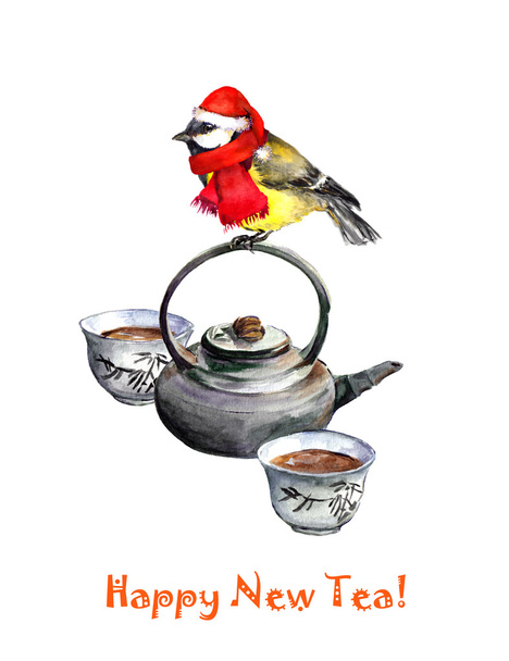 New year greeting card - holiday bird tit, chinese tea pot - Fotografie, Obrázek
