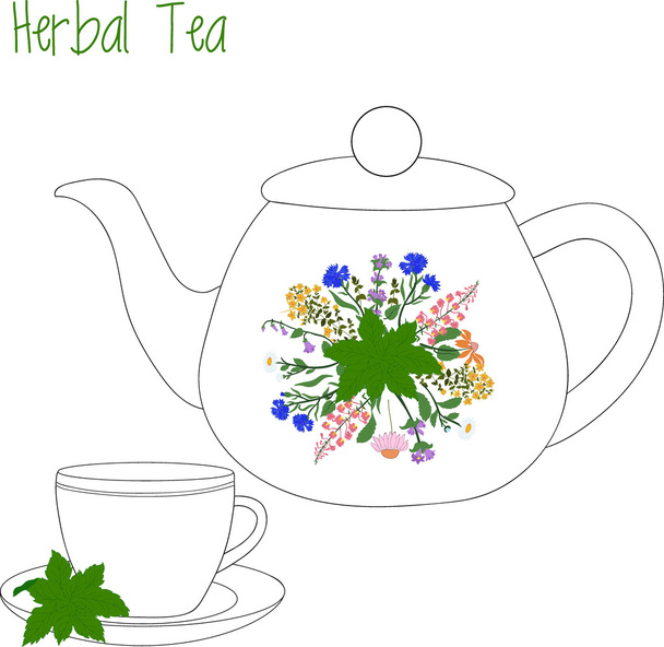 teapot with tea cups, herbal, green, vector illustration - Διάνυσμα, εικόνα