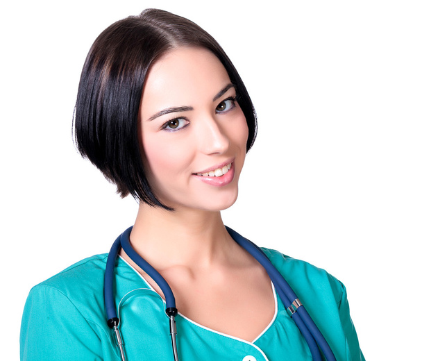 Dokter vrouw die lacht u geïsoleerd op witte achtergrond - Foto, afbeelding