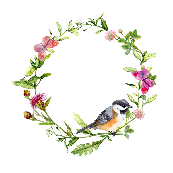 Retro wreath border frame with wild herbs, meadow flowers, bird and butterflies. Vintage watercolor - Zdjęcie, obraz