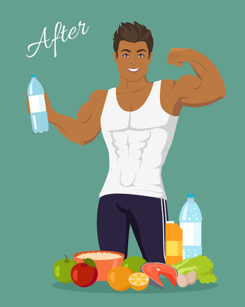 Sportive Man After Diet. Healthy Balanced Nutrition - Vector, Image
