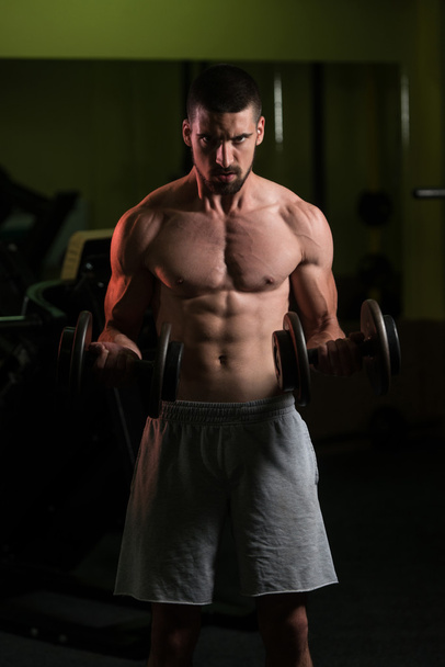 Exercício de bíceps com halteres em um ginásio
 - Foto, Imagem