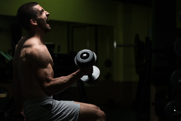 Young Man With Dumbbells Exercising Biceps - 写真・画像