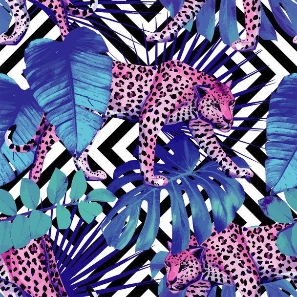 leopard and tropical plants, geometric black and white backgroun - Vector, imagen